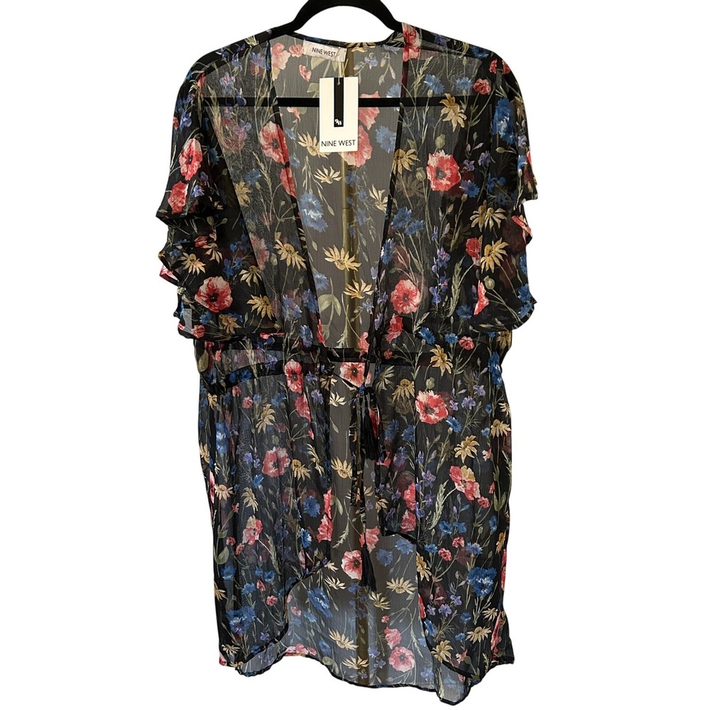 Nine West Sheer Multi Floral Chiffon Kimono Cardigan Black OS NWT Swim Resort